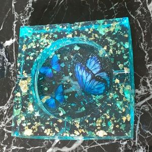 Blue and gold butterfly ash tray